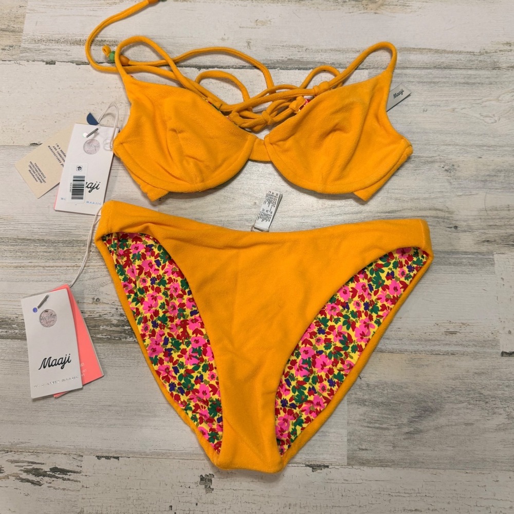 Maaji Reversible Bikini Set Women Medium Yellow Floral NWT Underwire Lace-up - Picture 4 of 6